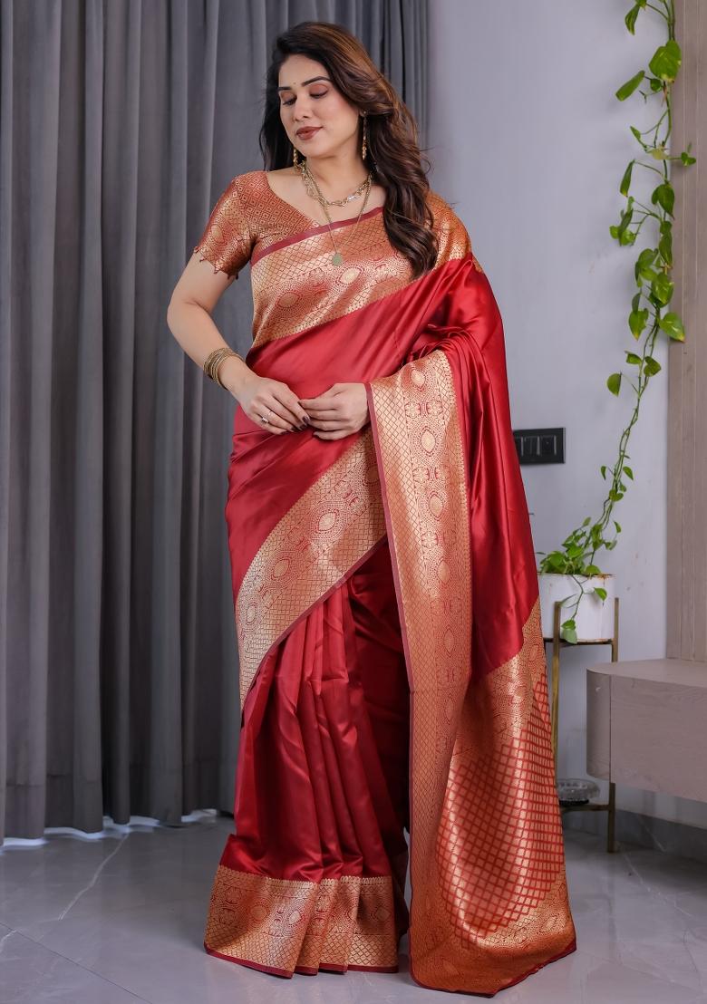 Red Zari Work Silk Saree Set - Indya