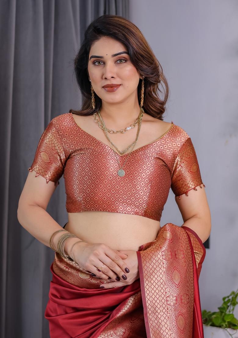 Red Zari Work Silk Saree Set - Indya