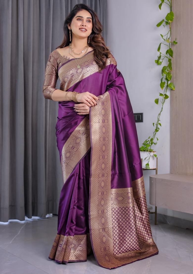 Wine Zari Work Silk Saree Set - Indya