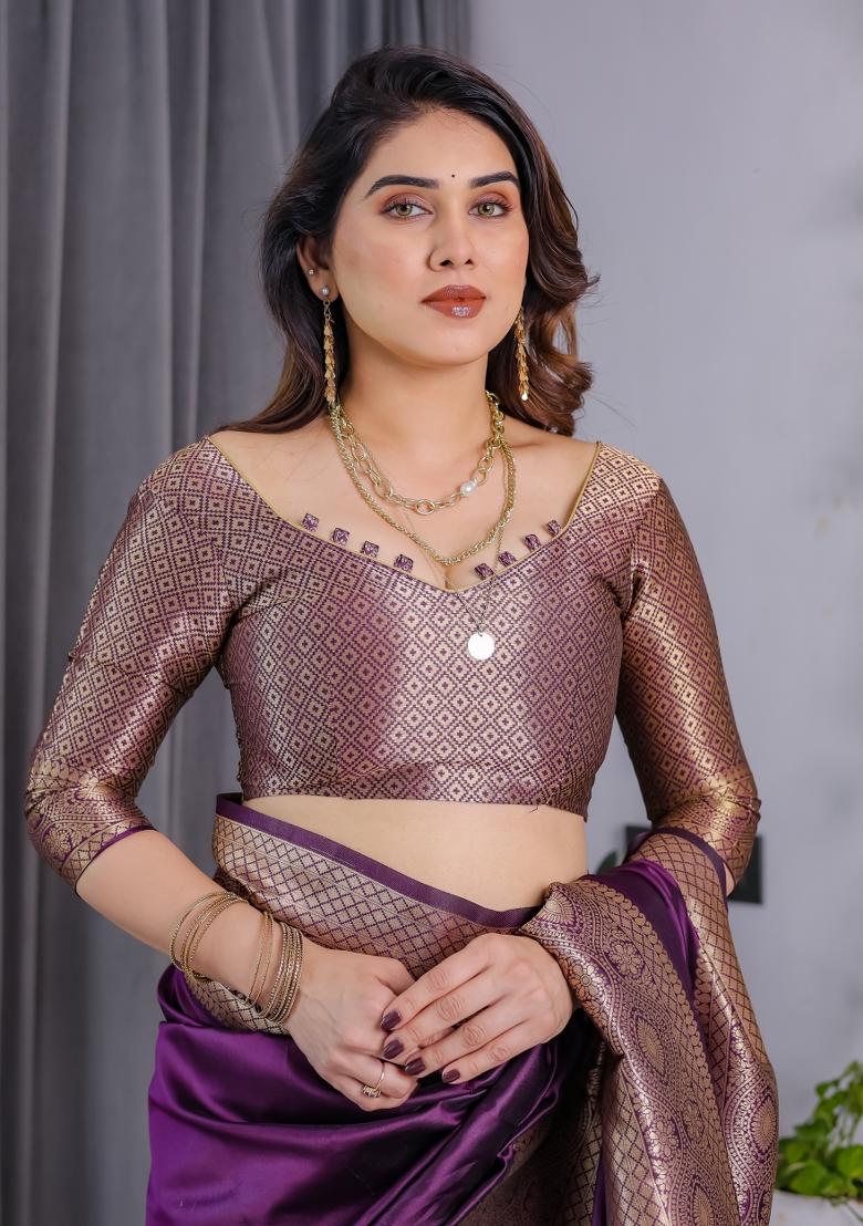 Wine Zari Work Silk Saree Set - Indya
