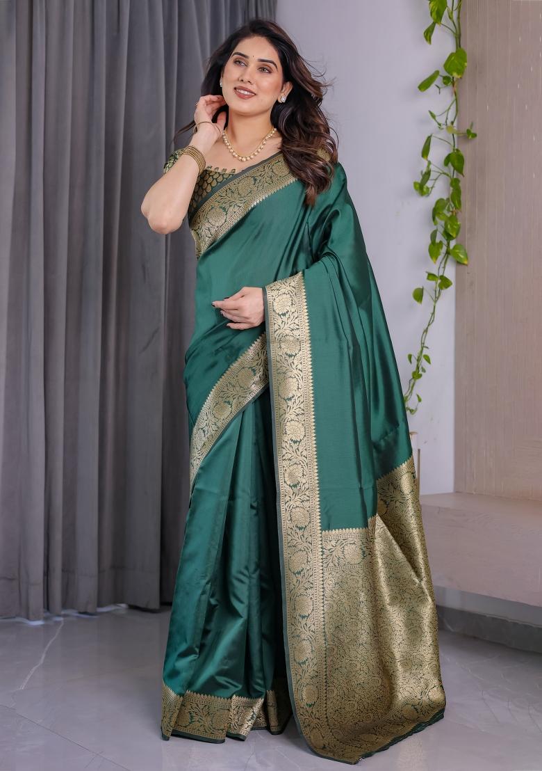 Green Zari Work Silk Saree Set - Indya