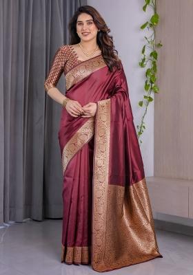 Maroon Zari Work Silk Saree Set