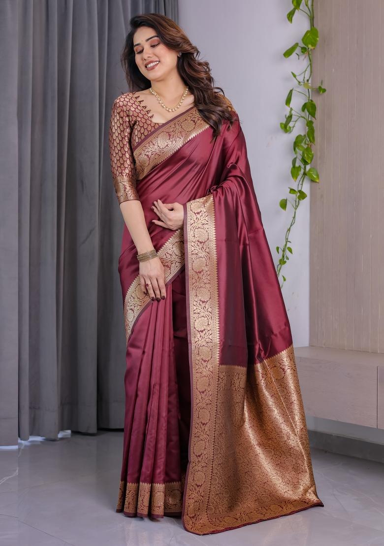 Maroon Zari Work Silk Saree Set - Indya