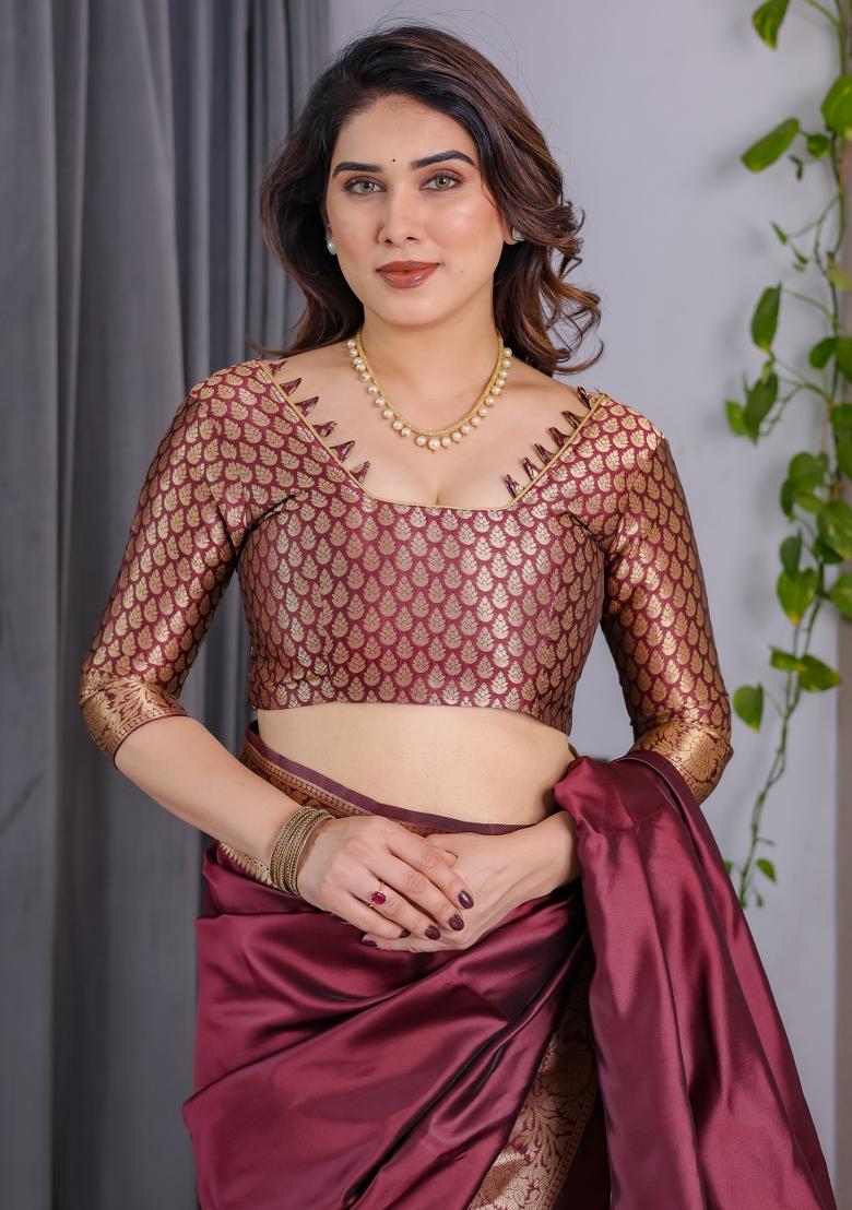 Maroon Zari Work Silk Saree Set - Indya