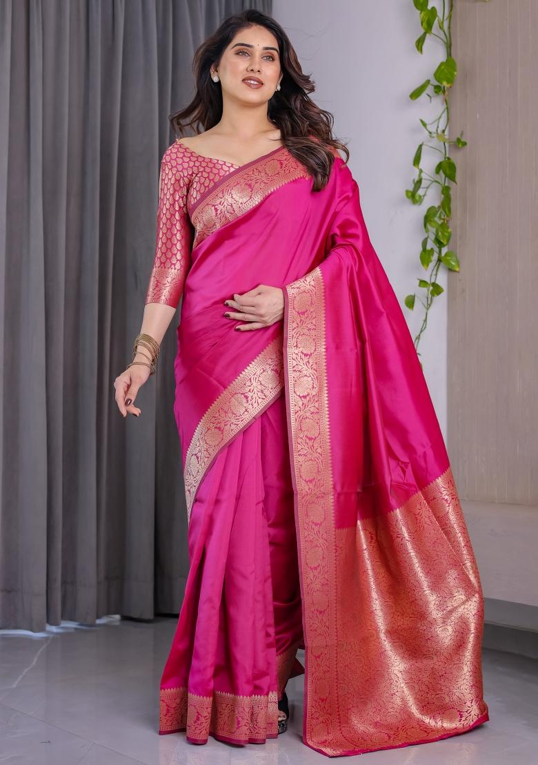Pink Zari Work Silk Saree Set - Indya