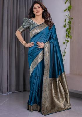 Blue Zari Work Silk Saree Set