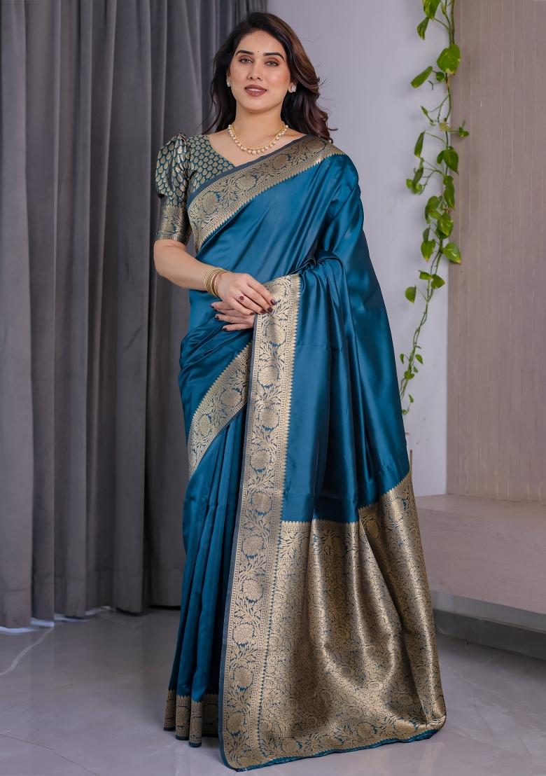 Blue Zari Work Silk Saree Set - Indya