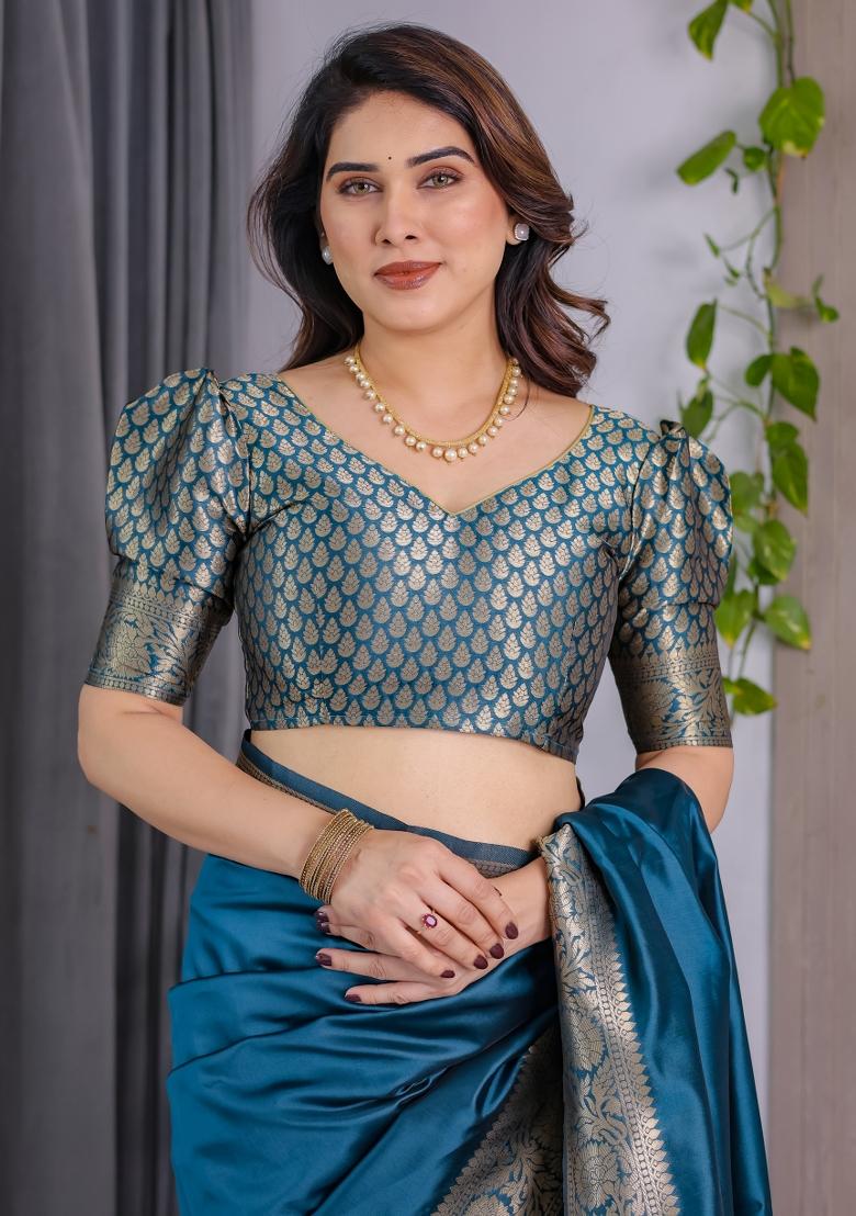 Blue Zari Work Silk Saree Set - Indya