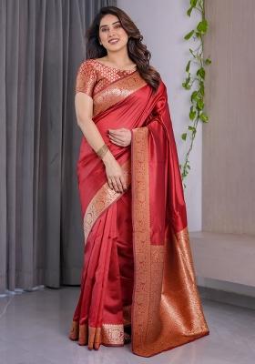 Red Zari Work Silk Saree Set