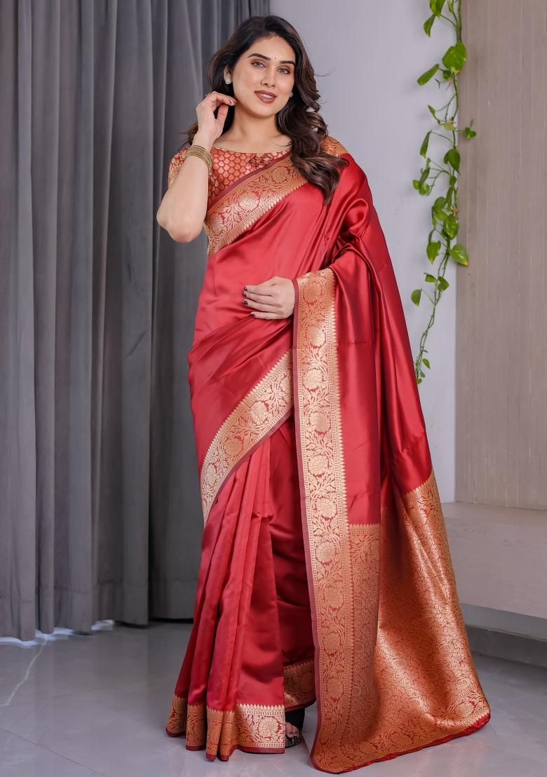 Red Zari Work Silk Saree Set - Indya
