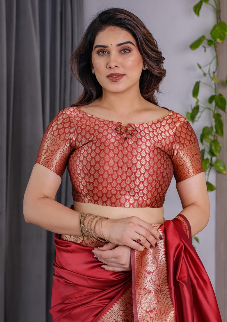 Red Zari Work Silk Saree Set - Indya