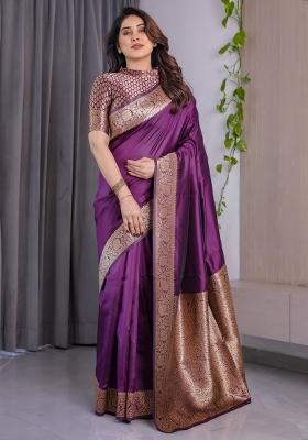 Wine Zari Work Silk Saree Set