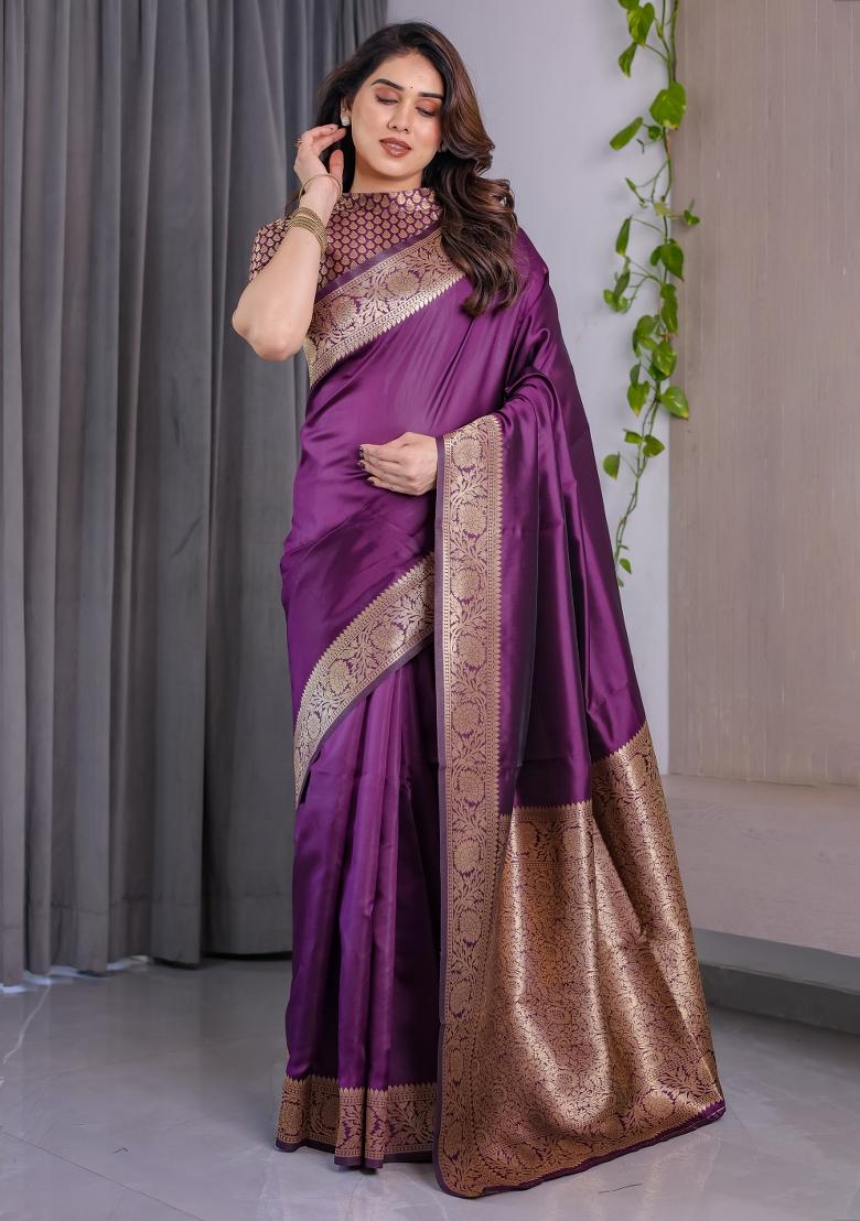 Wine Zari Work Silk Saree Set - Indya