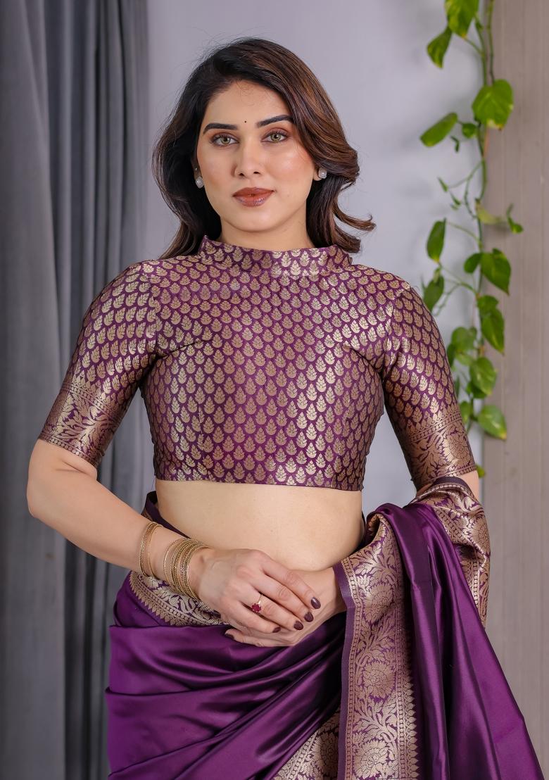 Wine Zari Work Silk Saree Set - Indya