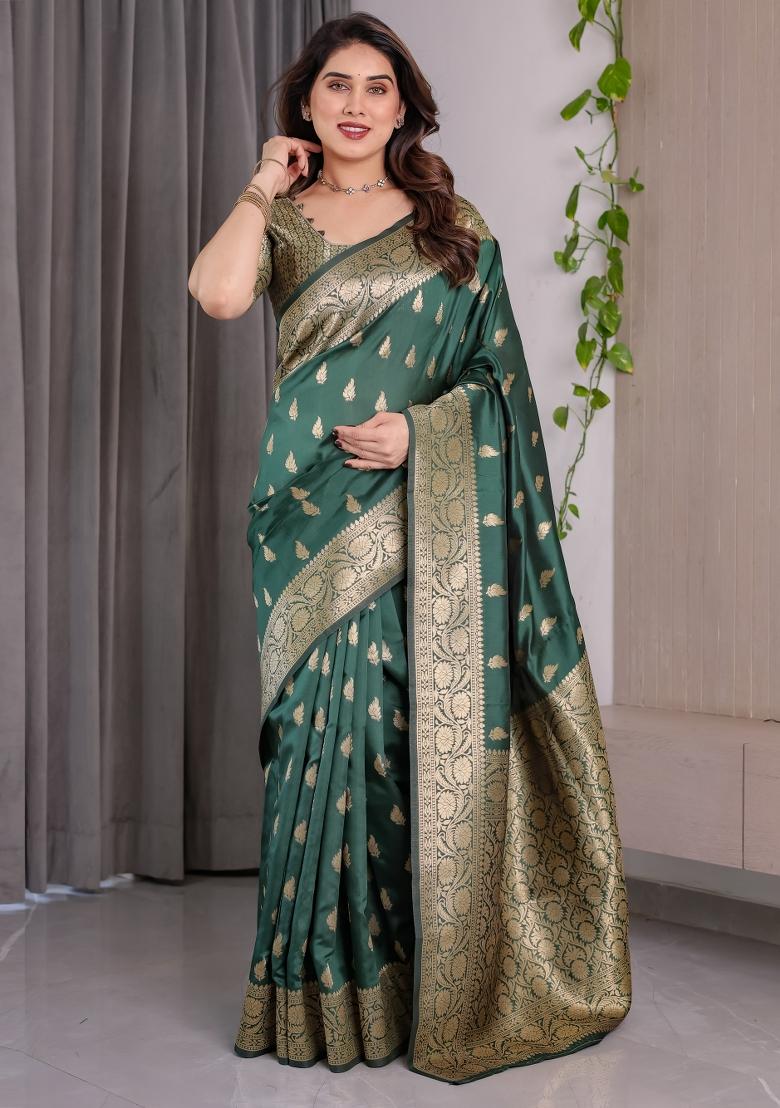 Green Zari Work Silk Saree Set - Indya
