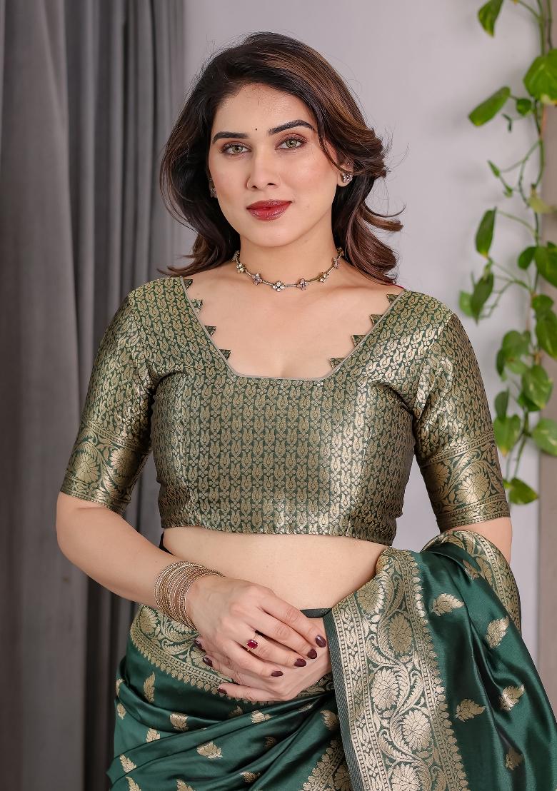 Green Zari Work Silk Saree Set - Indya
