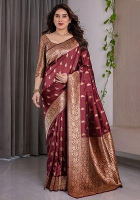 Maroon Zari Work Silk Saree Set