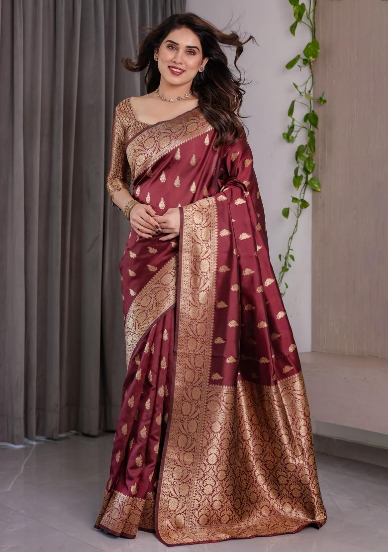 Maroon Zari Work Silk Saree Set - Indya