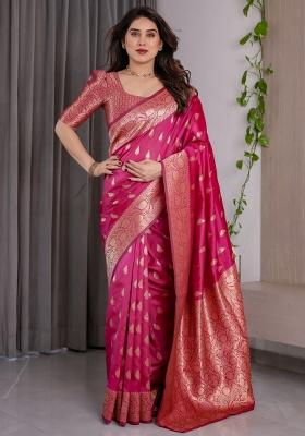 Pink Zari Work Silk Saree Set