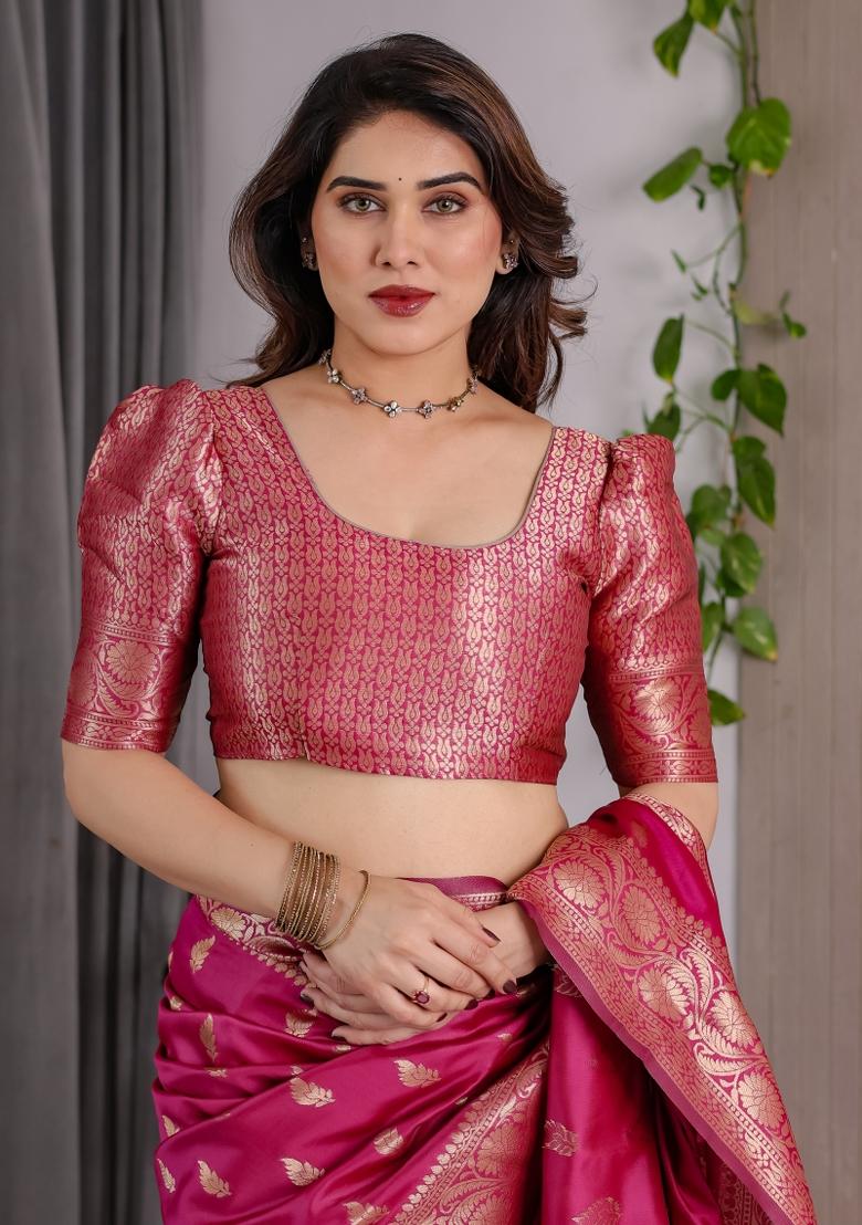 Pink Zari Work Silk Saree Set - Indya
