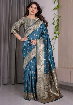 Blue Zari Work Silk Saree Set