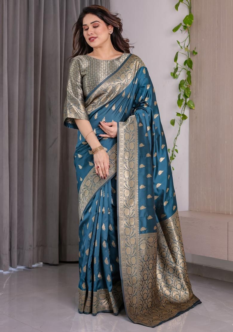 Blue Zari Work Silk Saree Set - Indya