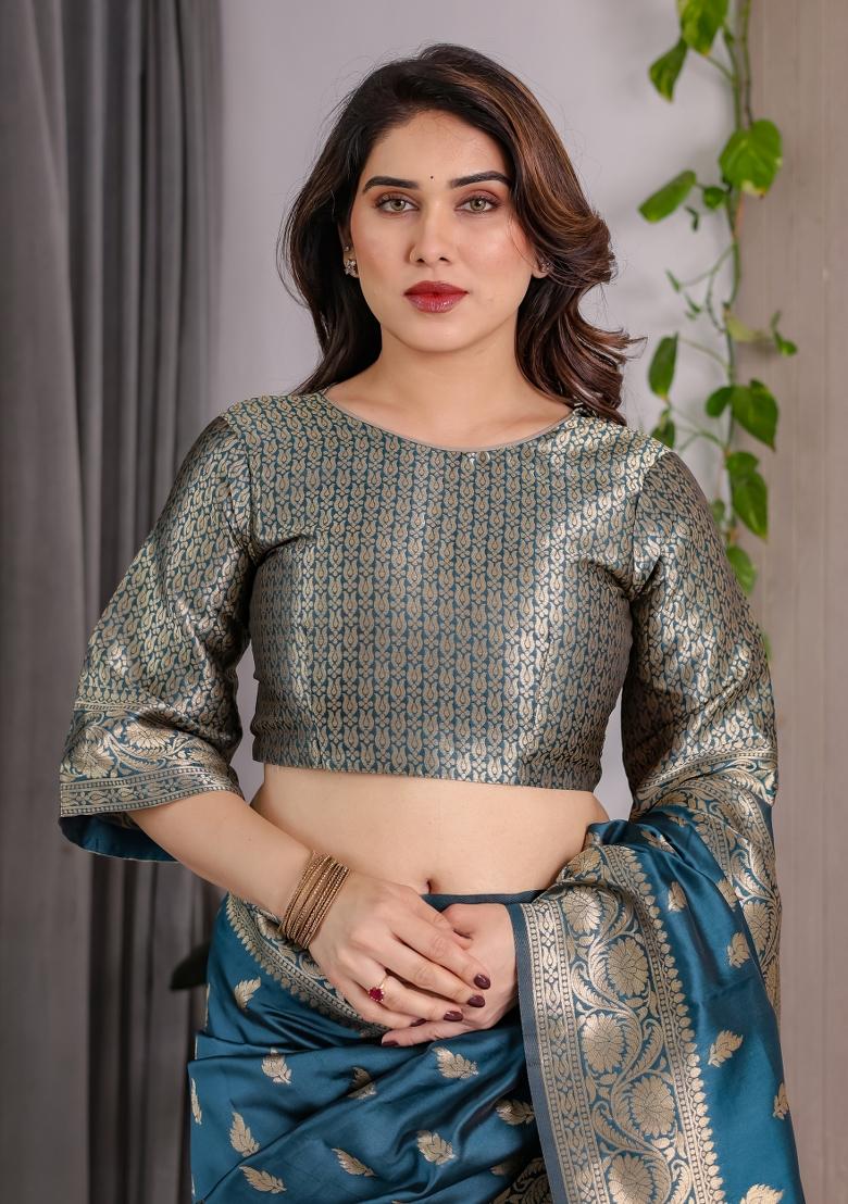 Blue Zari Work Silk Saree Set - Indya