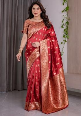 Red Zari Work Silk Saree Set