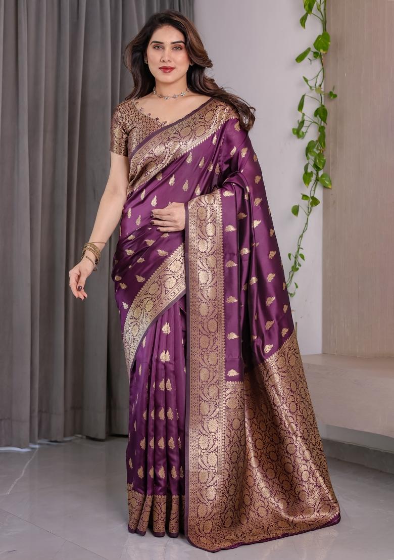 Wine Zari Work Silk Saree Set - Indya