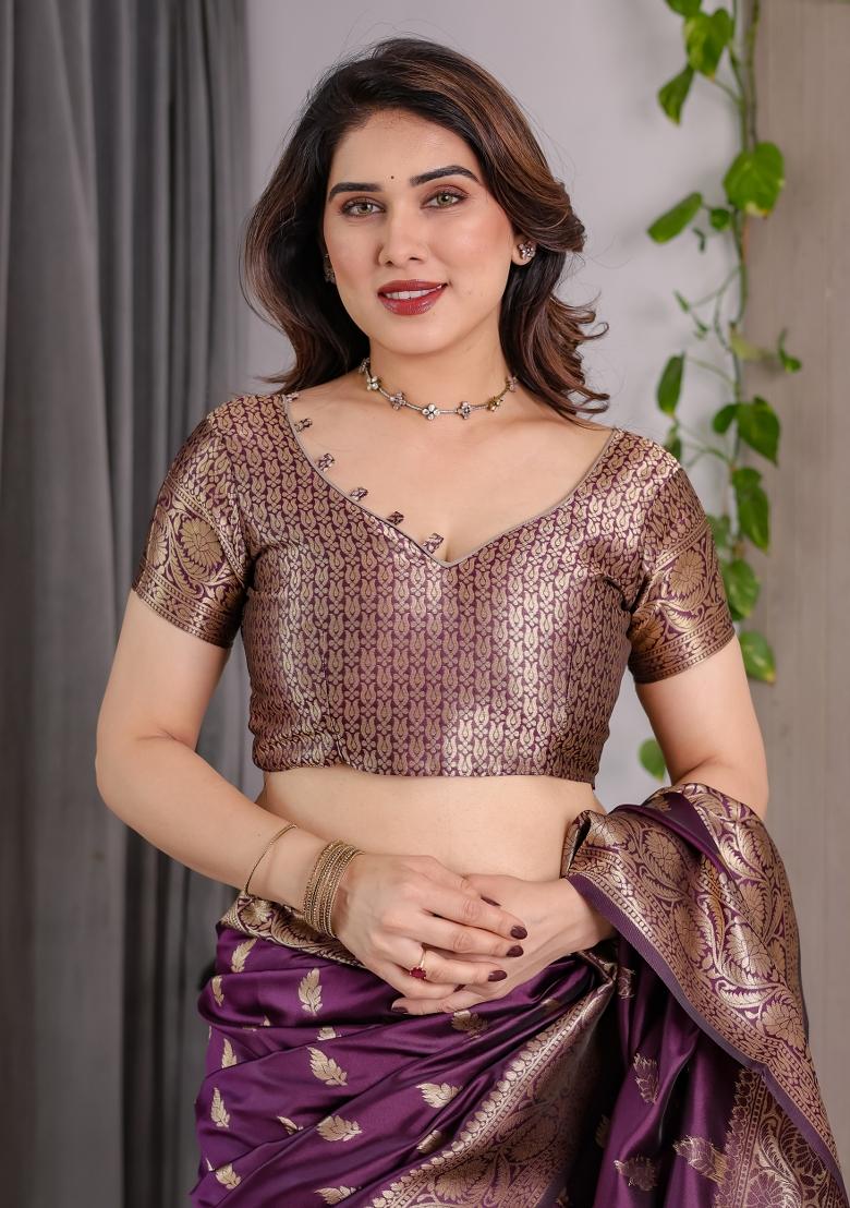 Wine Zari Work Silk Saree Set - Indya