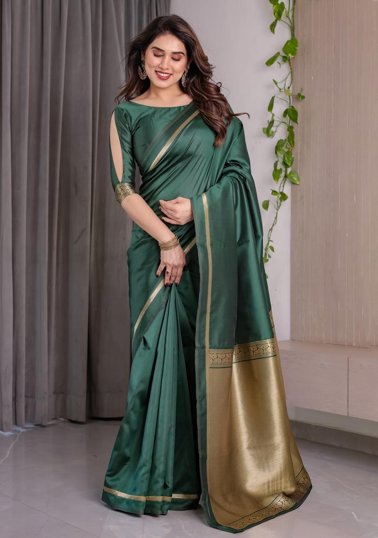Green Zari Work Silk Saree Set - Indya