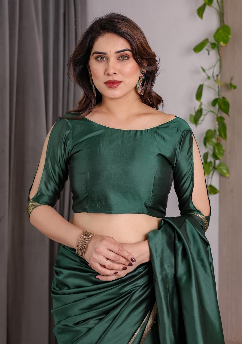 Green Zari Work Silk Saree Set - Indya