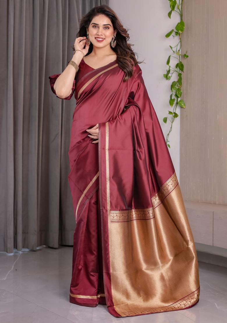 Maroon Zari Work Silk Saree Set - Indya
