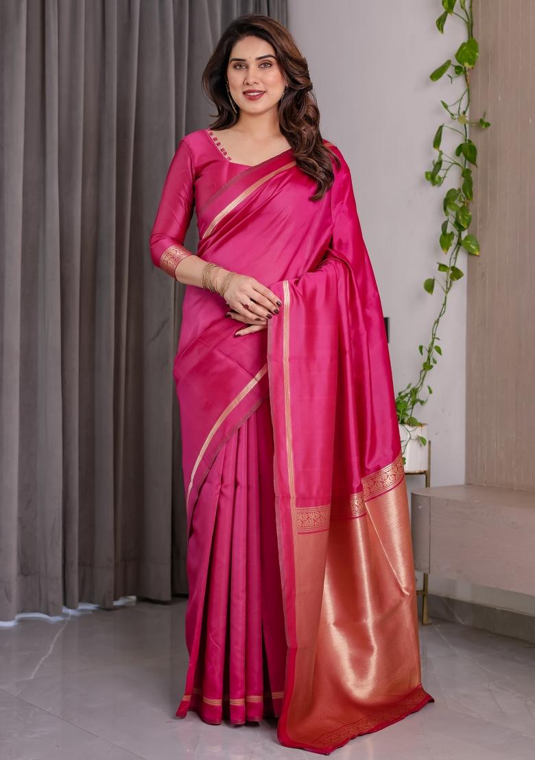 Pink Zari Work Silk Saree Set - Indya