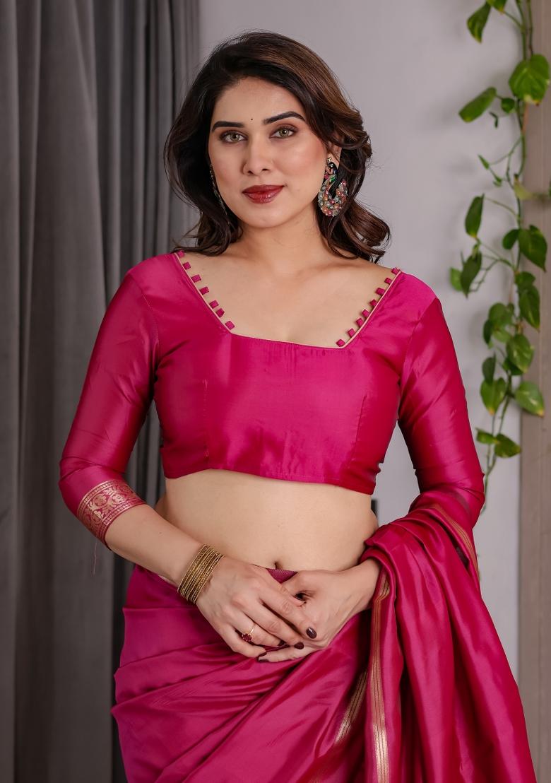 Pink Zari Work Silk Saree Set - Indya