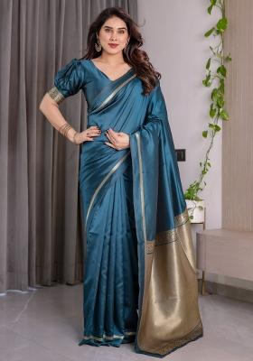 Blue Zari Work Silk Saree Set