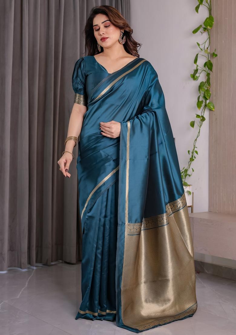 Blue Zari Work Silk Saree Set - Indya