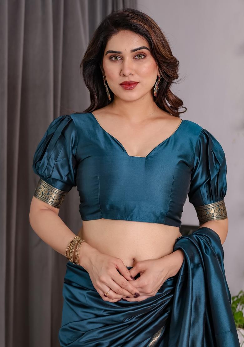 Blue Zari Work Silk Saree Set - Indya