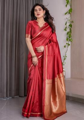 Red Zari Work Silk Saree Set