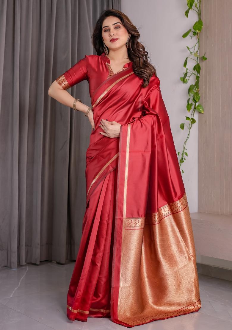 Red Zari Work Silk Saree Set - Indya