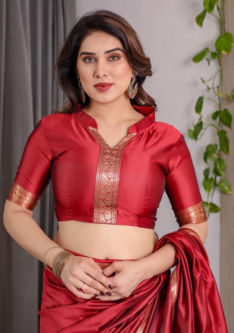 Red Zari Work Silk Saree Set - Indya