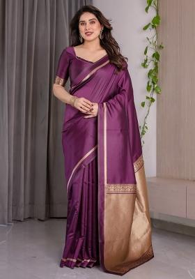 Wine Zari Work Silk Saree Set