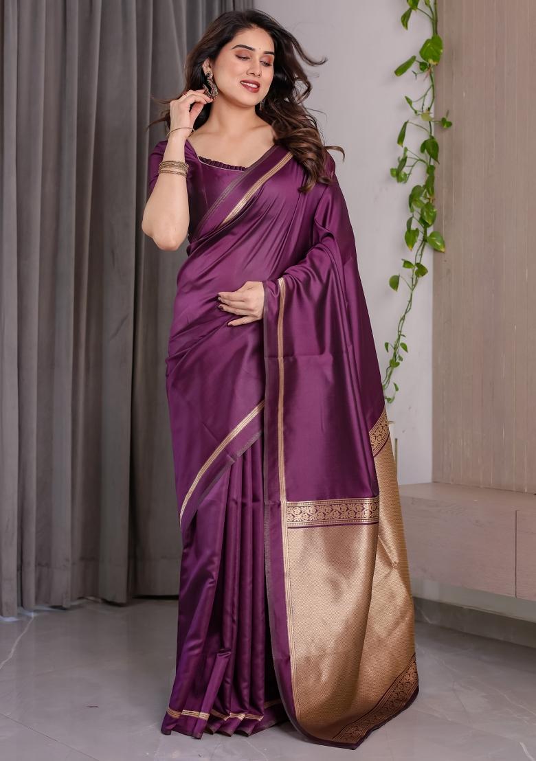 Wine Zari Work Silk Saree Set - Indya