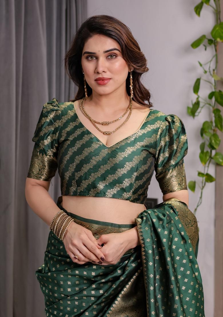 Green Zari Work Silk Saree Set - Indya