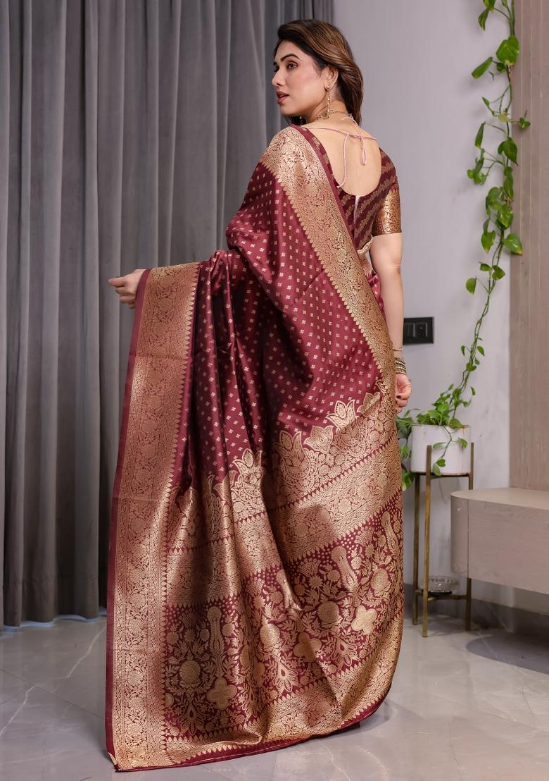 Maroon Zari Work Silk Saree Set - Indya