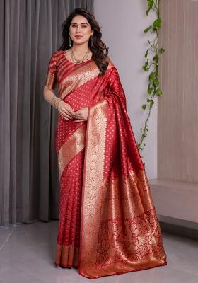 Red Zari Work Silk Saree Set