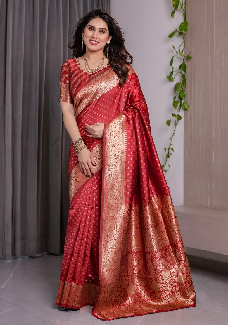 Red Zari Work Silk Saree Set - Indya