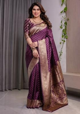 Wine Zari Work Silk Saree Set