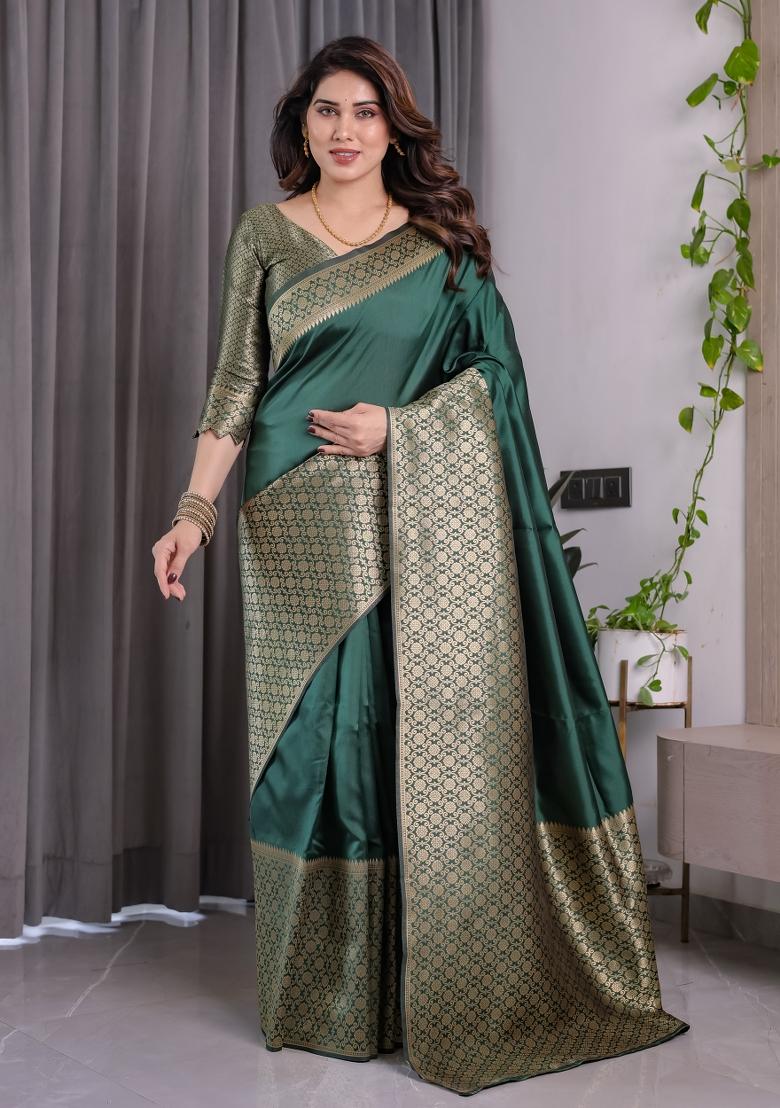 Green Zari Work Silk Saree Set - Indya