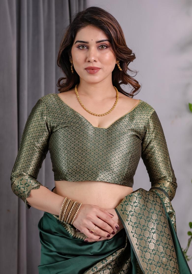 Green Zari Work Silk Saree Set - Indya